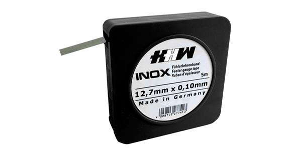 Feeler gauge strip INOX length 5 m width 12.7 mm thickness 0.09 mm in cassette